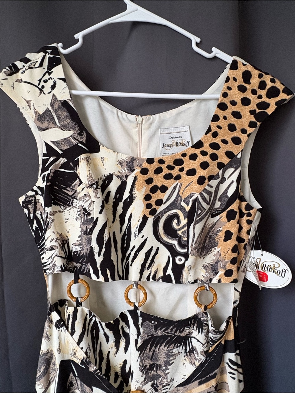 Joseph Ribkoff Abstract Animal Print high low Dress with Gold Ring Accents - Picture 2 of 8
